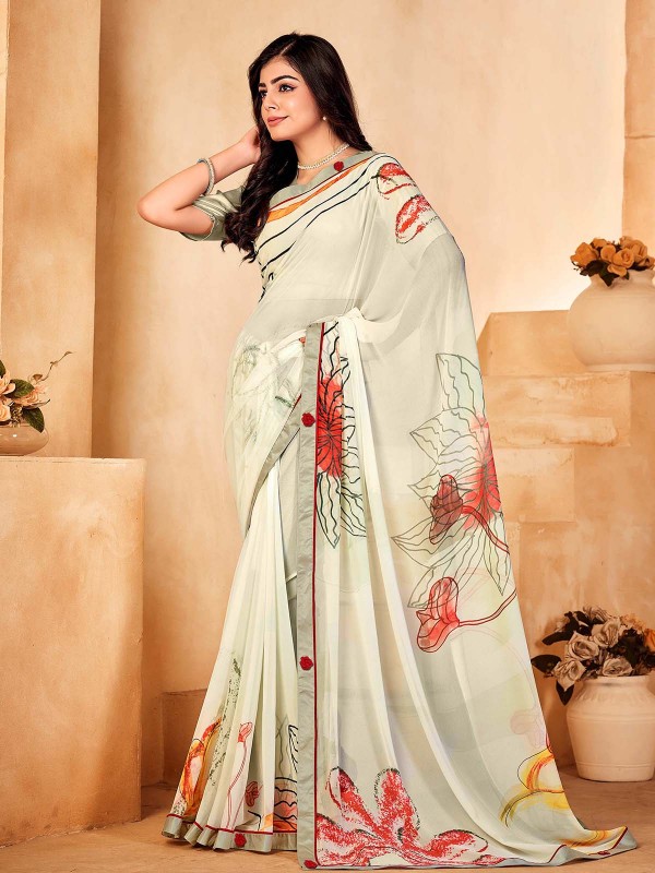 Cream Bamberg Silk Digital Print Saree